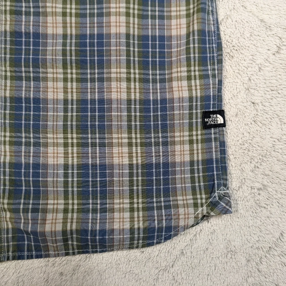 The North Face Shirt Men's Large Green Blue Plaid Button Up Short Sleeve Light
